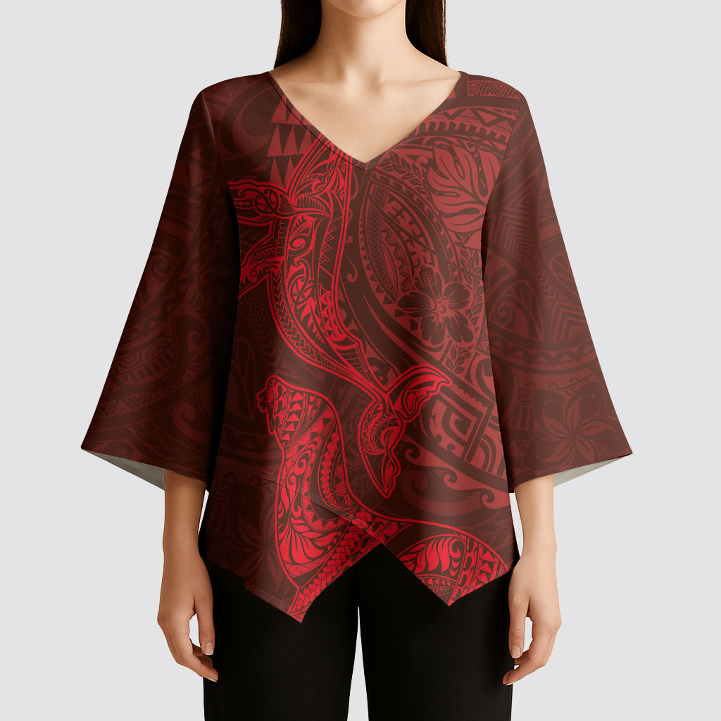 Hawaiian Monk Seal and Whale Kimono Sleeve Blouse Kakau Tribal Pattern Red Color