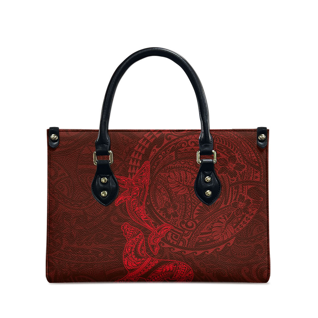 Hawaiian Monk Seal and Whale Leather Bag Kakau Tribal Pattern Red Color