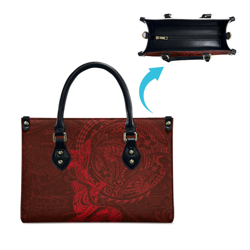 Hawaiian Monk Seal and Whale Leather Bag Kakau Tribal Pattern Red Color