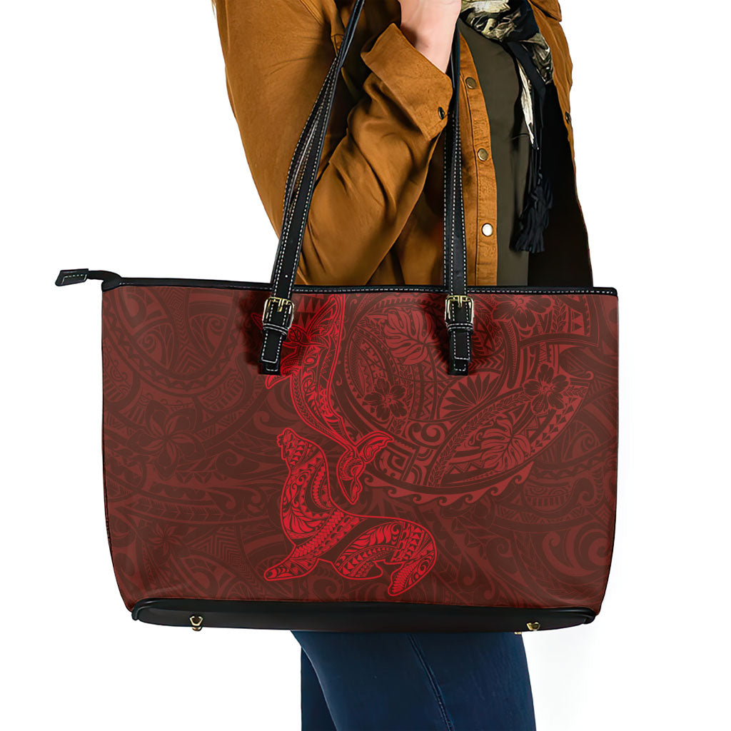 Hawaiian Monk Seal and Whale Leather Tote Bag Kakau Tribal Pattern Red Color