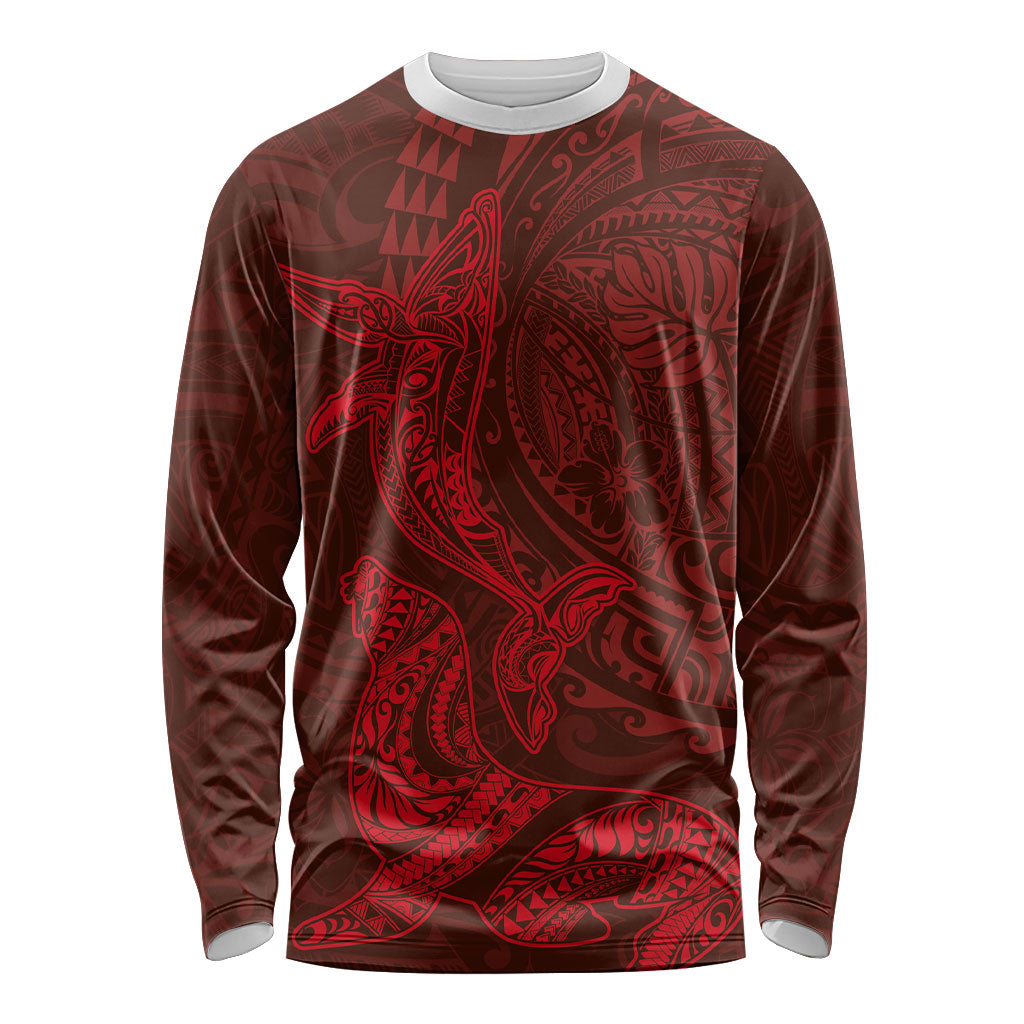 Hawaiian Monk Seal and Whale Long Sleeve Shirt Kakau Tribal Pattern Red Color