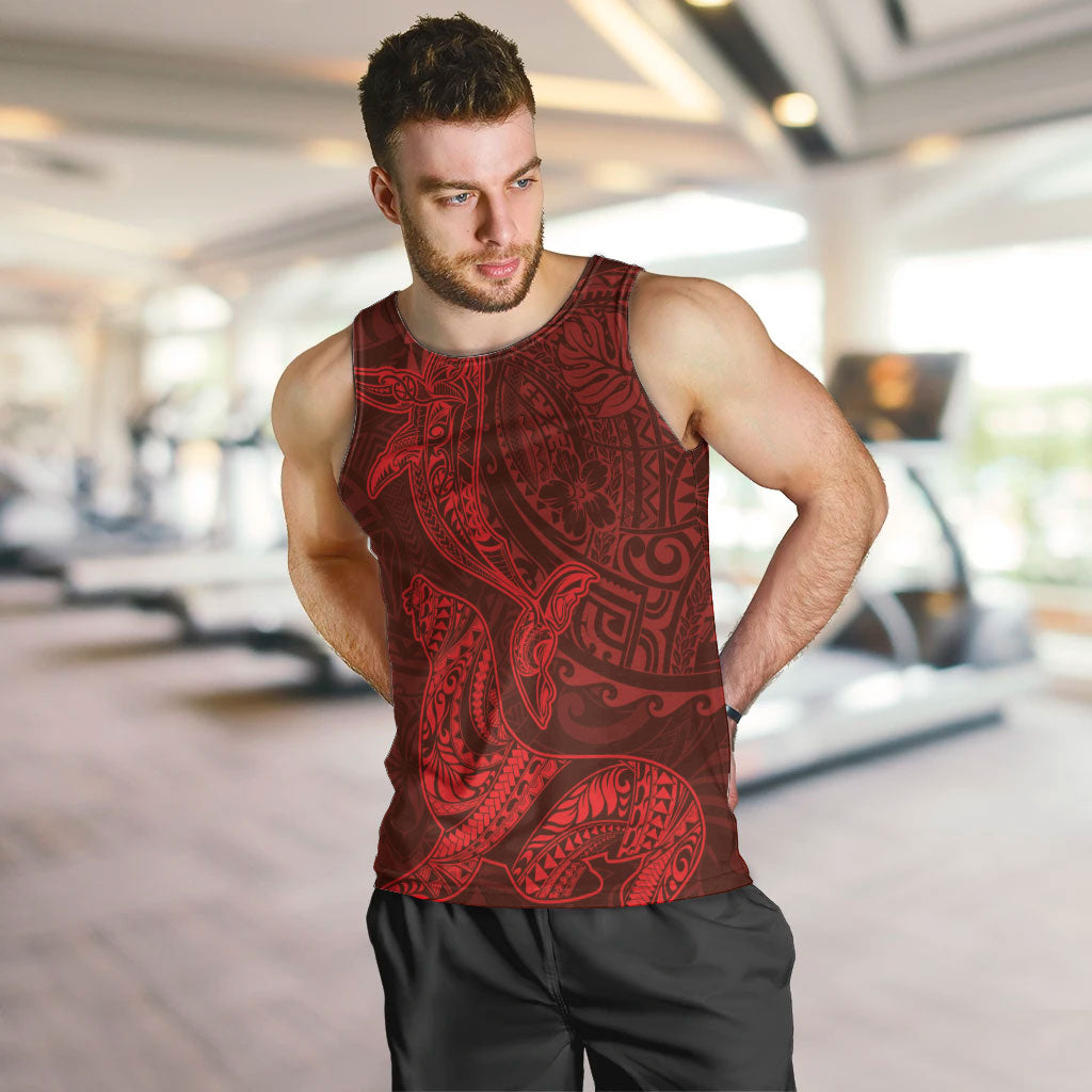 Hawaiian Monk Seal and Whale Men Tank Top Kakau Tribal Pattern Red Color