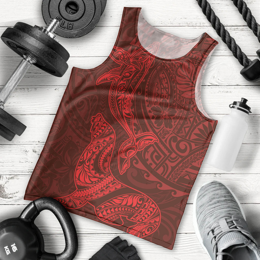 Hawaiian Monk Seal and Whale Men Tank Top Kakau Tribal Pattern Red Color