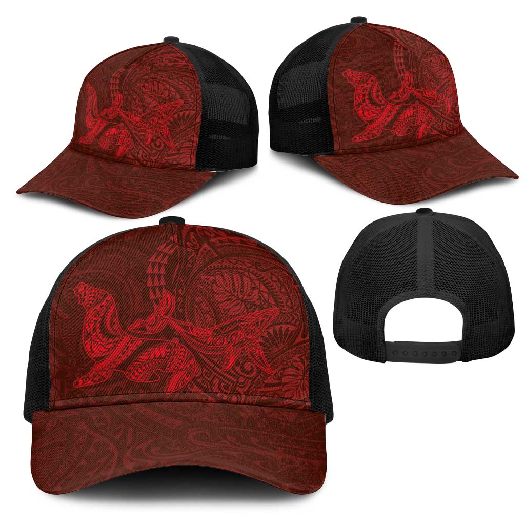 Hawaiian Monk Seal and Whale Mesh Trucker Cap Kakau Tribal Pattern Red Color