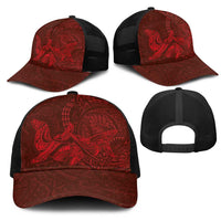 Hawaiian Monk Seal and Whale Mesh Trucker Cap Kakau Tribal Pattern Red Color
