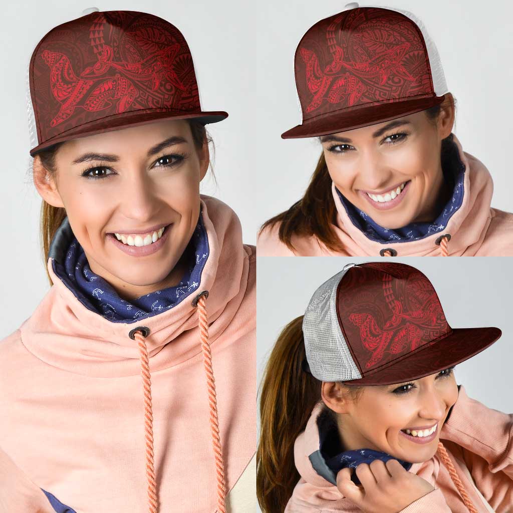 Hawaiian Monk Seal and Whale Mesh Trucker Cap Kakau Tribal Pattern Red Color