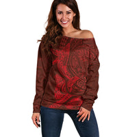 Hawaiian Monk Seal and Whale Off Shoulder Sweater Kakau Tribal Pattern Red Color