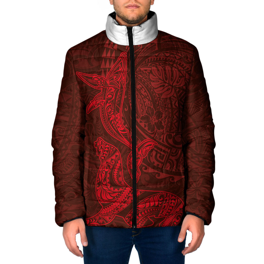 Hawaiian Monk Seal and Whale Padded Jacket Kakau Tribal Pattern Red Color