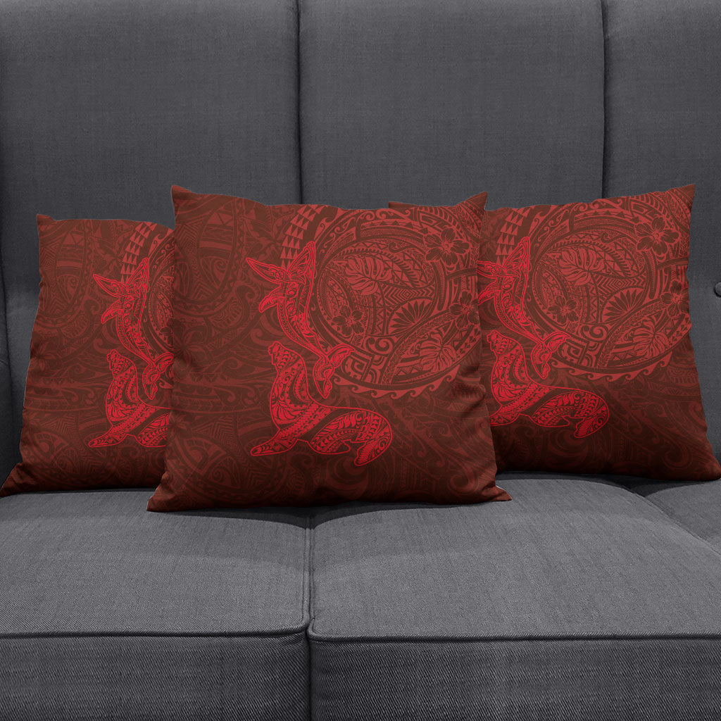 Hawaiian Monk Seal and Whale Pillow Cover Kakau Tribal Pattern Red Color