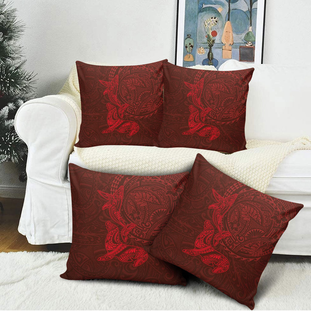 Hawaiian Monk Seal and Whale Pillow Cover Kakau Tribal Pattern Red Color