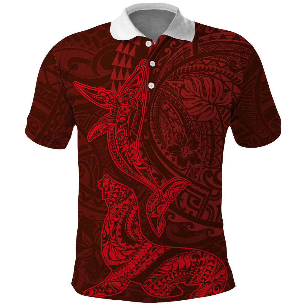 Hawaiian Monk Seal and Whale Polo Shirt Kakau Tribal Pattern Red Color