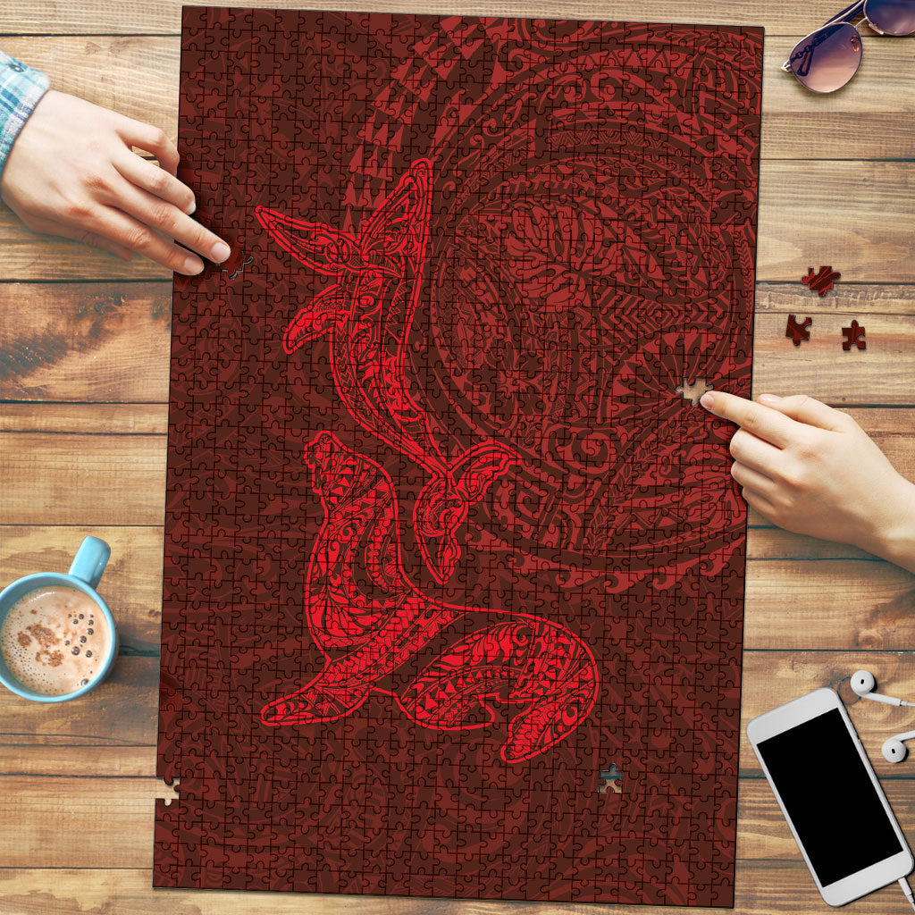 Hawaiian Monk Seal and Whale Puzzle Kakau Tribal Pattern Red Color