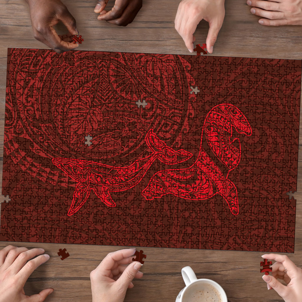 Hawaiian Monk Seal and Whale Puzzle Kakau Tribal Pattern Red Color