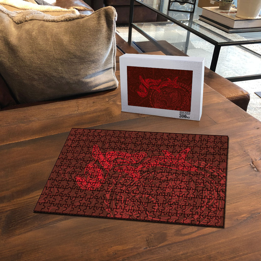 Hawaiian Monk Seal and Whale Puzzle Kakau Tribal Pattern Red Color