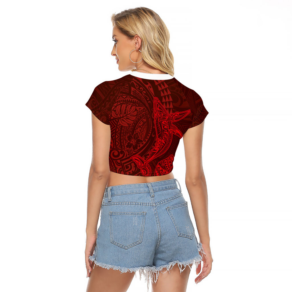 Hawaiian Monk Seal and Whale Raglan Cropped T Shirt Kakau Tribal Pattern Red Color