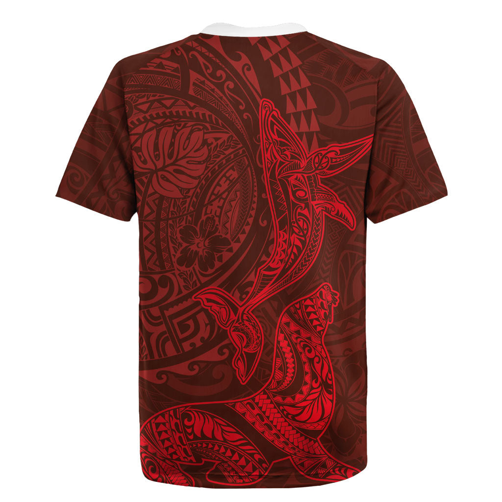 Hawaiian Monk Seal and Whale Rugby Jersey Kakau Tribal Pattern Red Color
