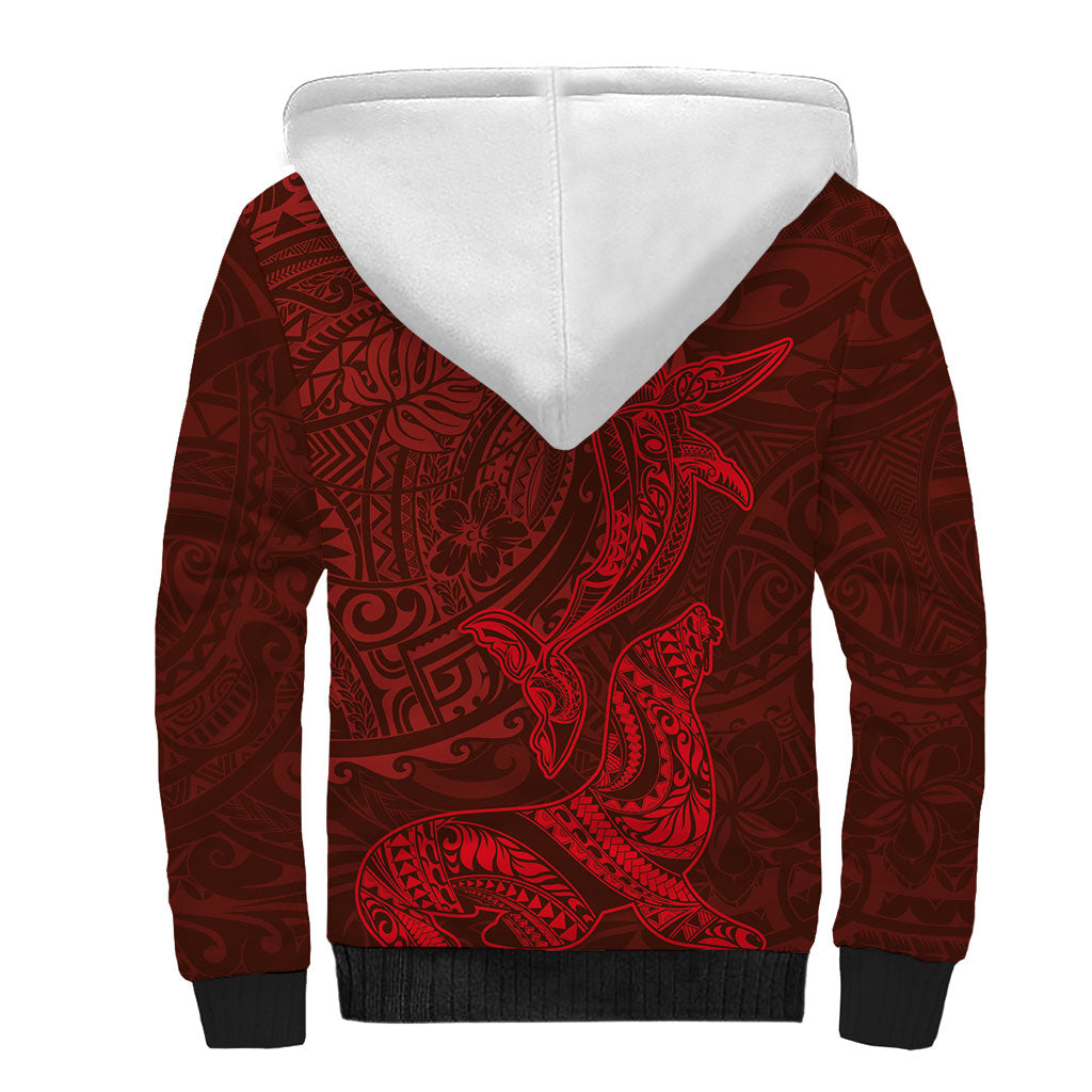 Hawaiian Monk Seal and Whale Sherpa Hoodie Kakau Tribal Pattern Red Color