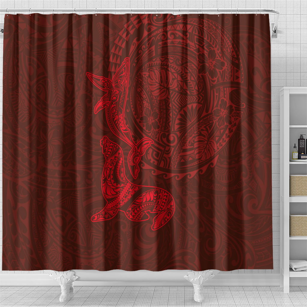 Hawaiian Monk Seal and Whale Shower Curtain Kakau Tribal Pattern Red Color