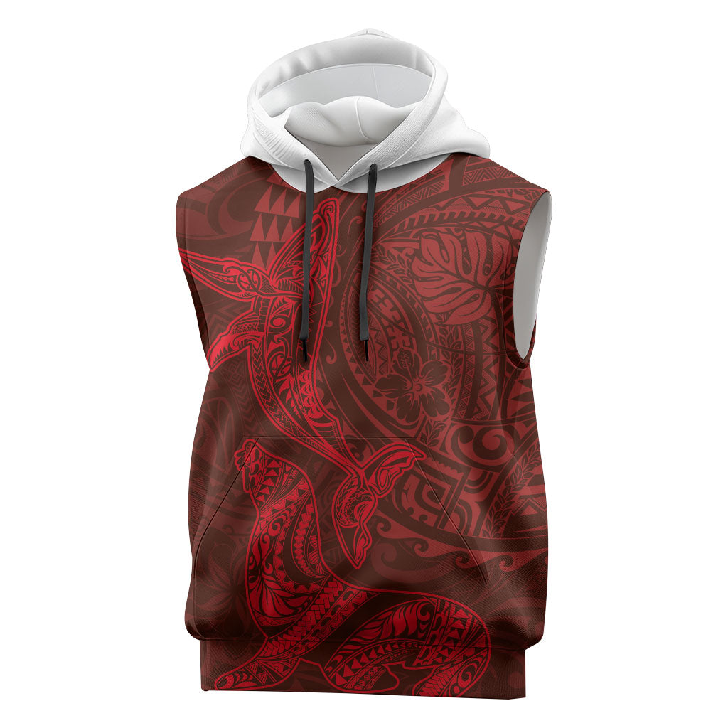 Hawaiian Monk Seal and Whale Sleeveless Hoodie Kakau Tribal Pattern Red Color