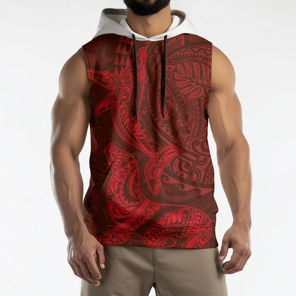 Hawaiian Monk Seal and Whale Sleeveless Hoodie Kakau Tribal Pattern Red Color