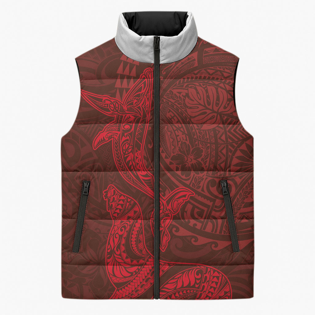 Hawaiian Monk Seal and Whale Sleeveless Puffer Jacket Kakau Tribal Pattern Red Color