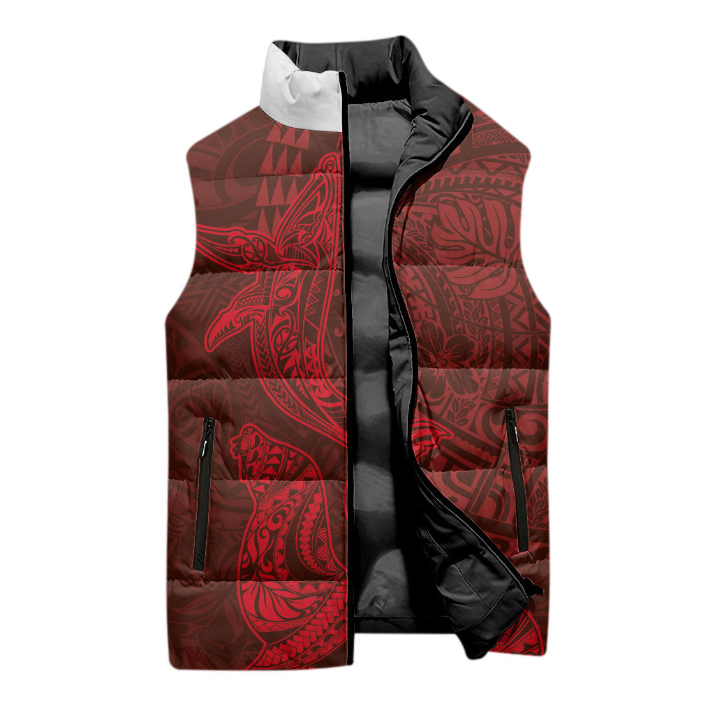 Hawaiian Monk Seal and Whale Sleeveless Puffer Jacket Kakau Tribal Pattern Red Color