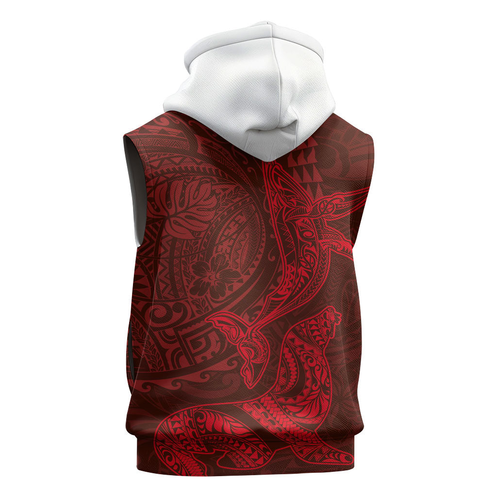 Hawaiian Monk Seal and Whale Sleeveless Zip Hoodie Kakau Tribal Pattern Red Color