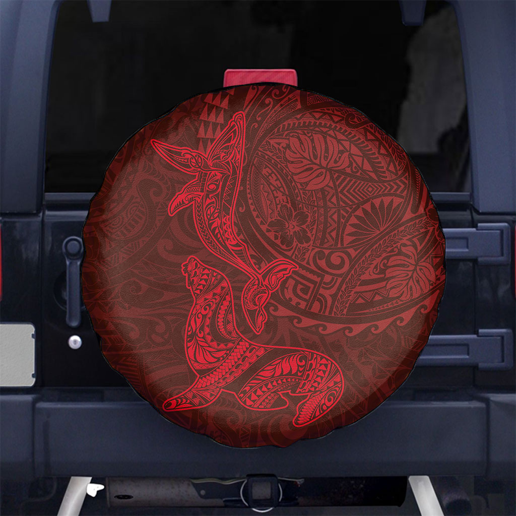 Hawaiian Monk Seal and Whale Spare Tire Cover Kakau Tribal Pattern Red Color