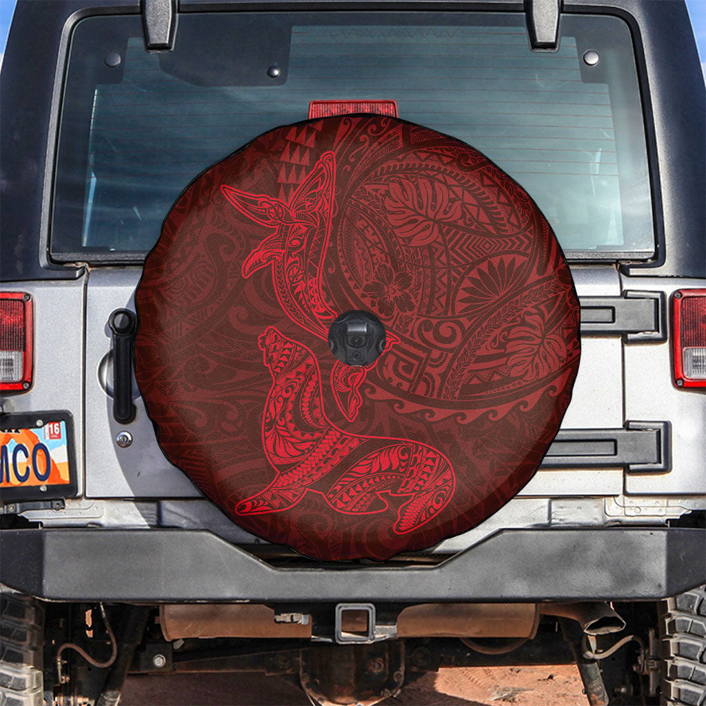 Hawaiian Monk Seal and Whale Spare Tire Cover Kakau Tribal Pattern Red Color