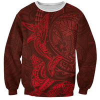 Hawaiian Monk Seal and Whale Sweatshirt Kakau Tribal Pattern Red Color