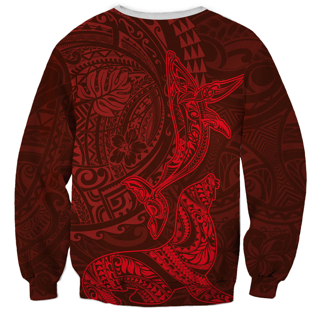 Hawaiian Monk Seal and Whale Sweatshirt Kakau Tribal Pattern Red Color