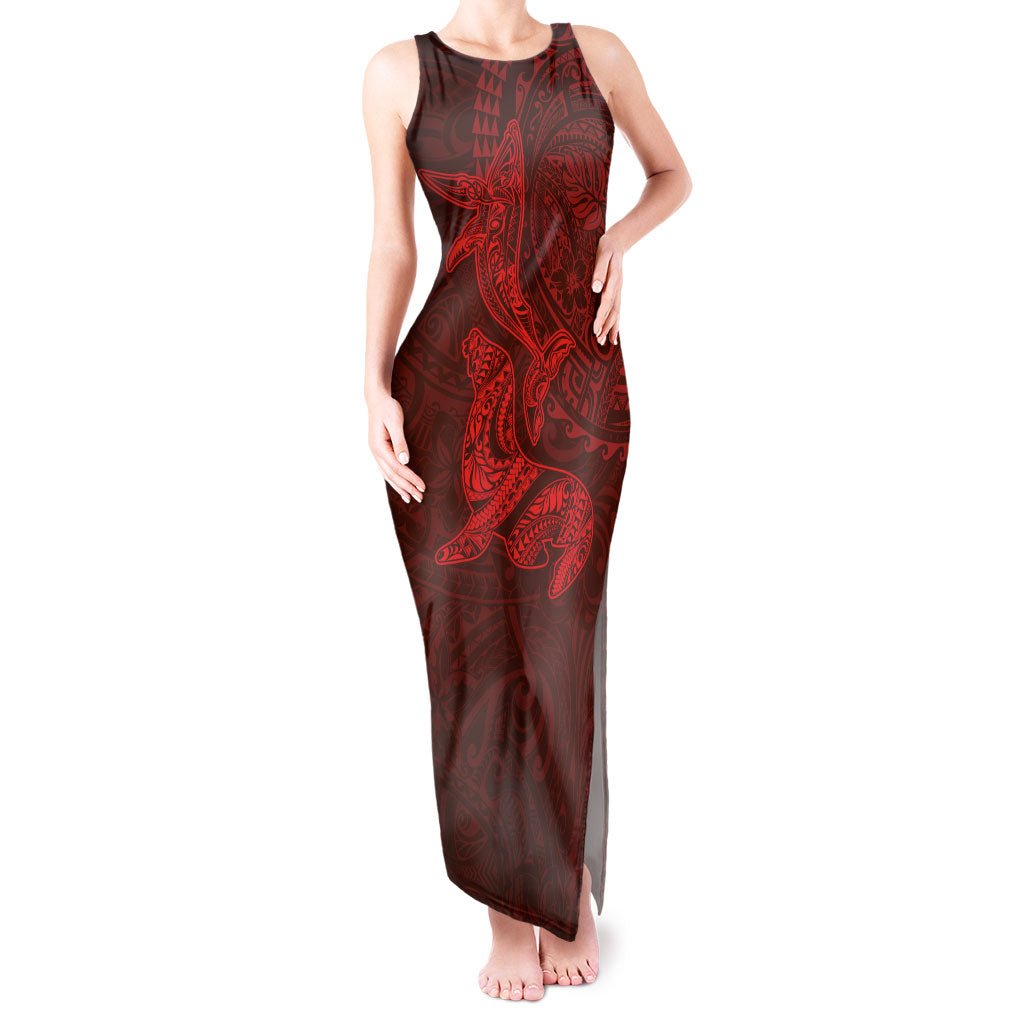 Hawaiian Monk Seal and Whale Tank Maxi Dress Kakau Tribal Pattern Red Color