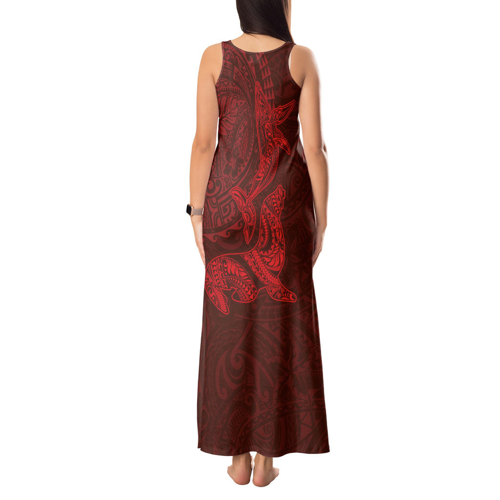 Hawaiian Monk Seal and Whale Tank Maxi Dress Kakau Tribal Pattern Red Color