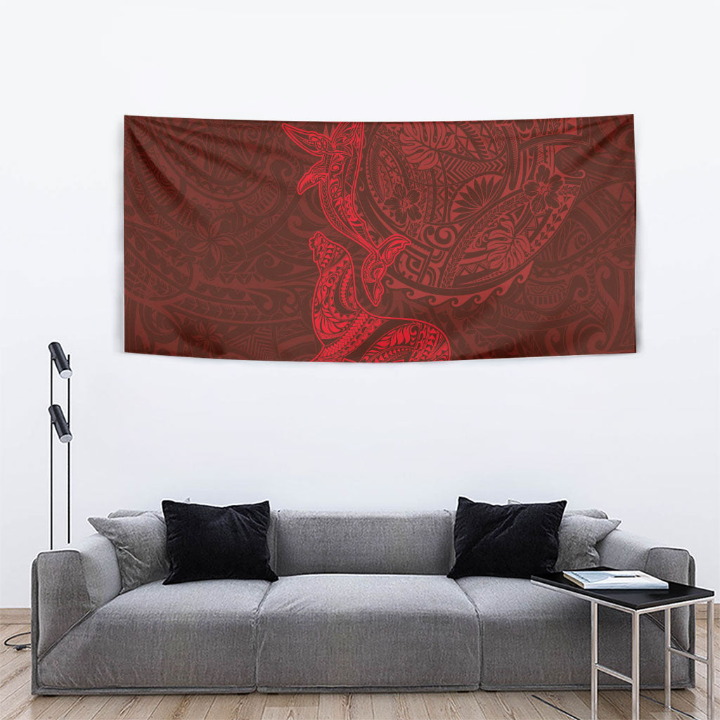 Hawaiian Monk Seal and Whale Tapestry Kakau Tribal Pattern Red Color