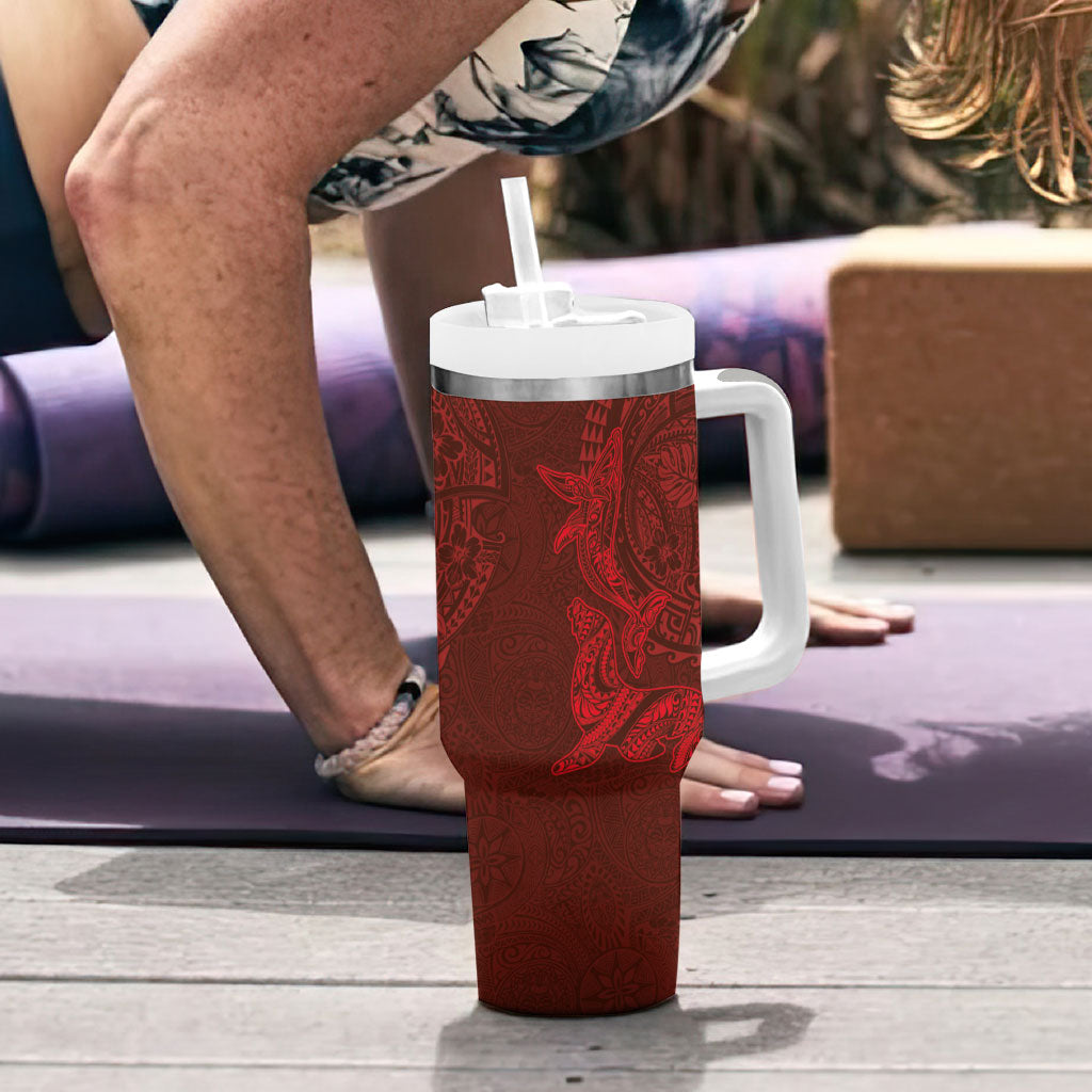 Hawaiian Monk Seal and Whale Tumbler With Handle Kakau Tribal Pattern Red Color