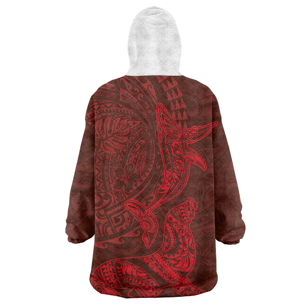 Hawaiian Monk Seal and Whale Wearable Blanket Hoodie Kakau Tribal Pattern Red Color