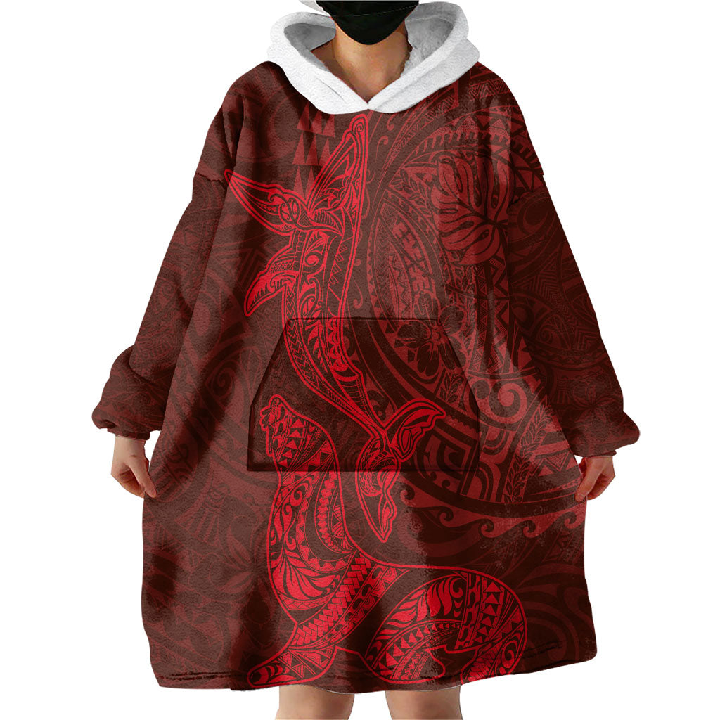 Hawaiian Monk Seal and Whale Wearable Blanket Hoodie Kakau Tribal Pattern Red Color