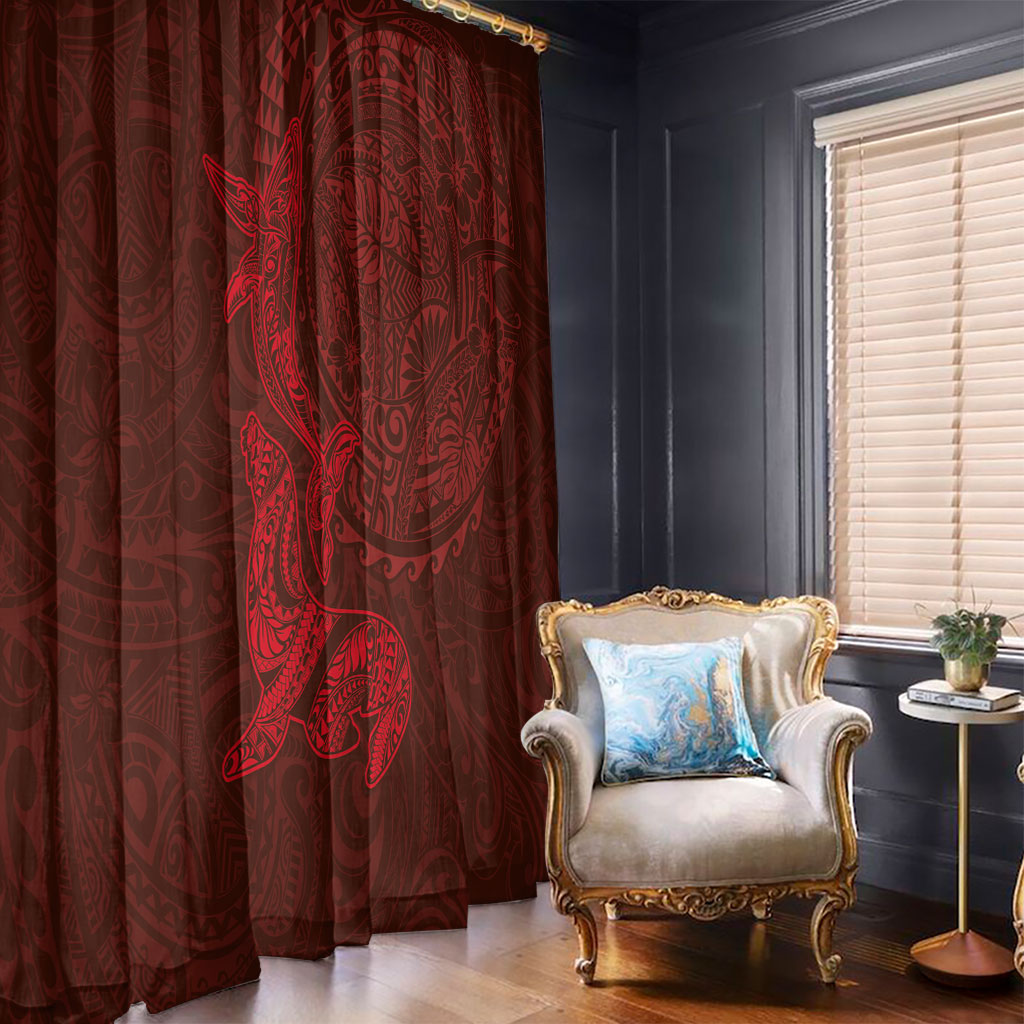 Hawaiian Monk Seal and Whale Window Curtain Kakau Tribal Pattern Red Color