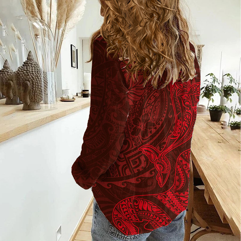 Hawaiian Monk Seal and Whale Women Casual Shirt Kakau Tribal Pattern Red Color