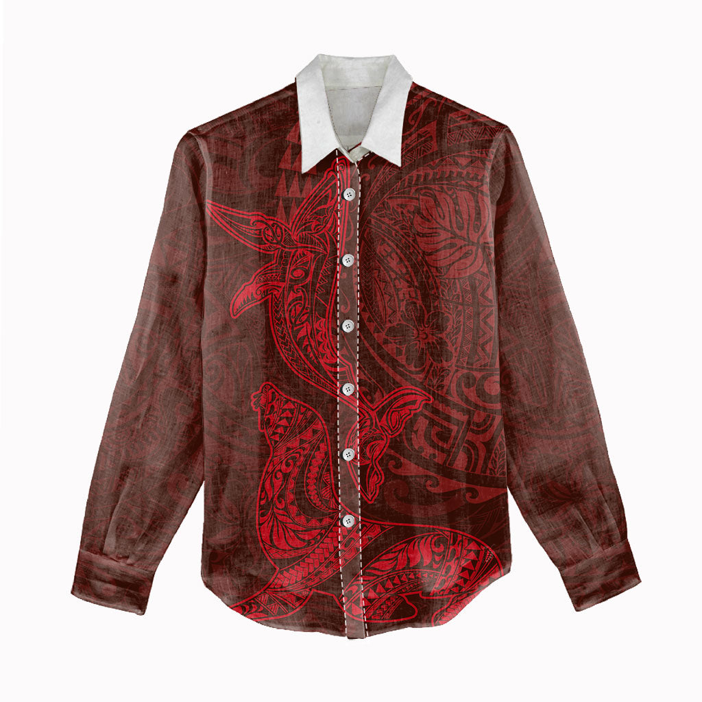 Hawaiian Monk Seal and Whale Women Casual Shirt Kakau Tribal Pattern Red Color