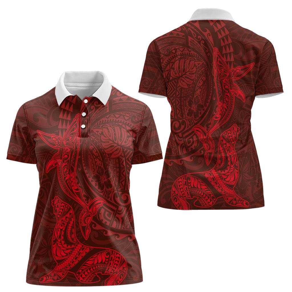 Hawaiian Monk Seal and Whale Women Polo Shirt Kakau Tribal Pattern Red Color