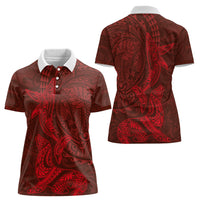 Hawaiian Monk Seal and Whale Women Polo Shirt Kakau Tribal Pattern Red Color