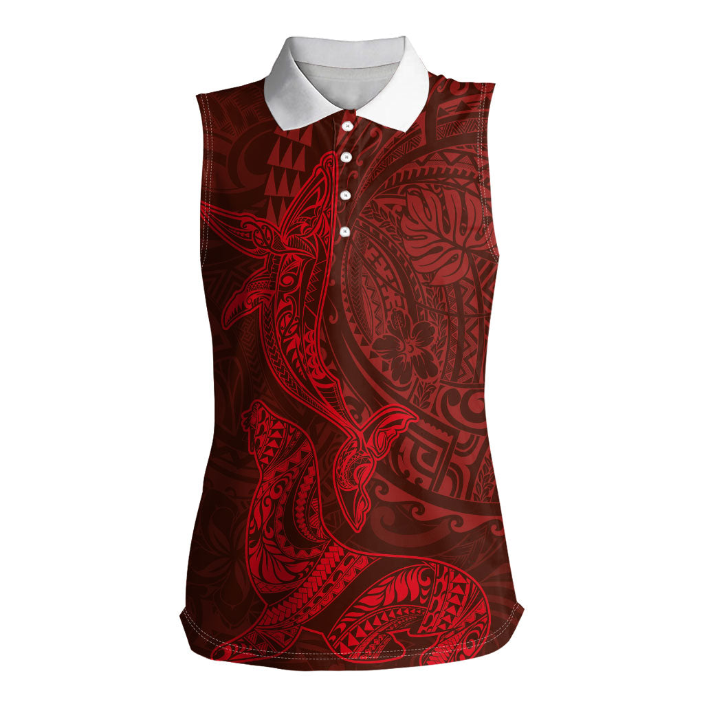 Hawaiian Monk Seal and Whale Women Sleeveless Polo Shirt Kakau Tribal Pattern Red Color