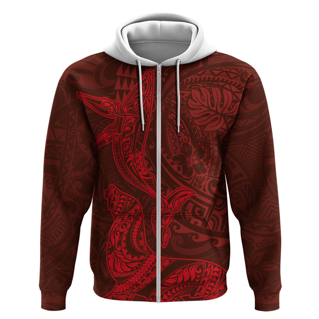 Hawaiian Monk Seal and Whale Zip Hoodie Kakau Tribal Pattern Red Color