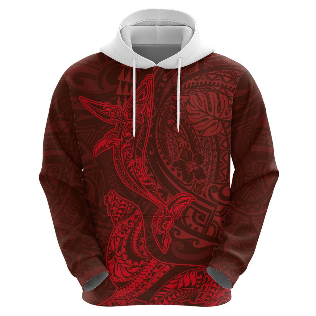 Hawaiian Monk Seal and Whale Zip Hoodie Kakau Tribal Pattern Red Color