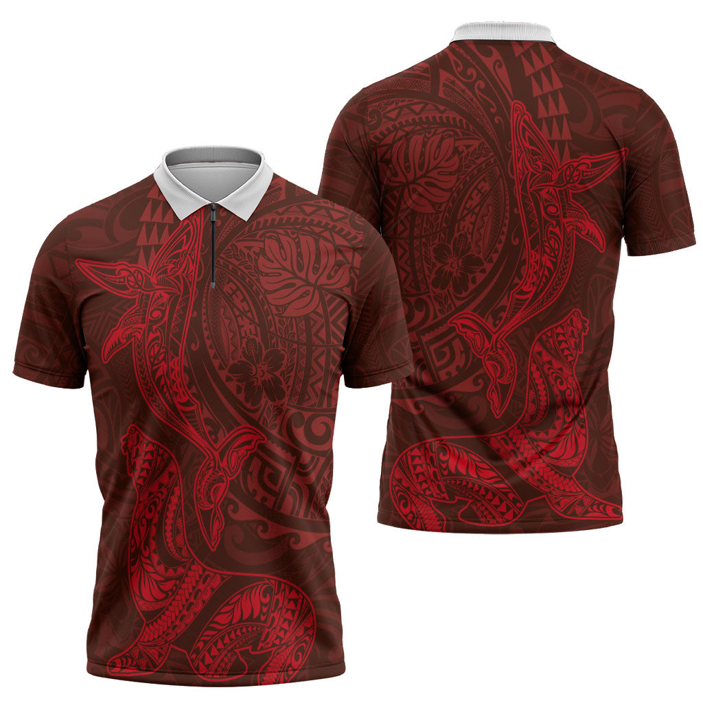 Hawaiian Monk Seal and Whale Zipper Polo Shirt Kakau Tribal Pattern Red Color
