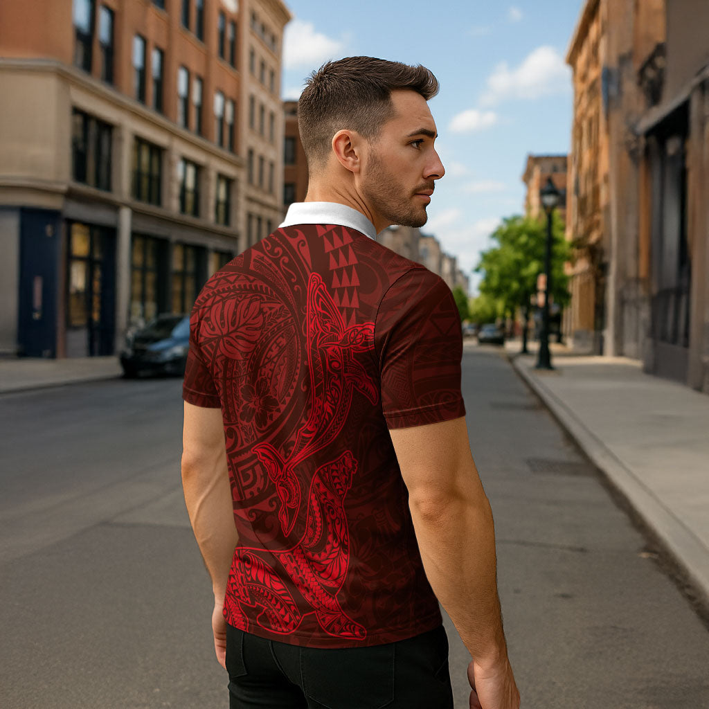 Hawaiian Monk Seal and Whale Zipper Polo Shirt Kakau Tribal Pattern Red Color