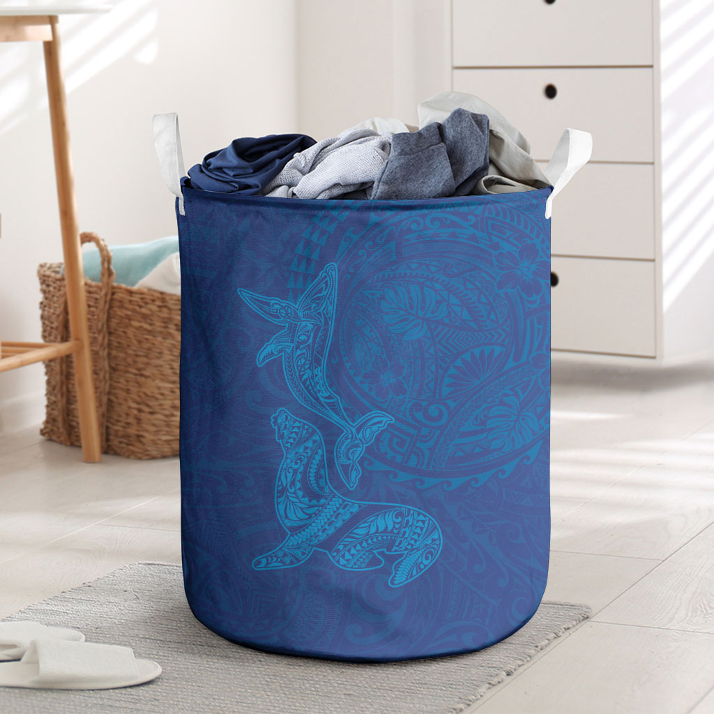 Hawaiian Monk Seal and Whale Laundry Basket Kakau Tribal Pattern Blue Color