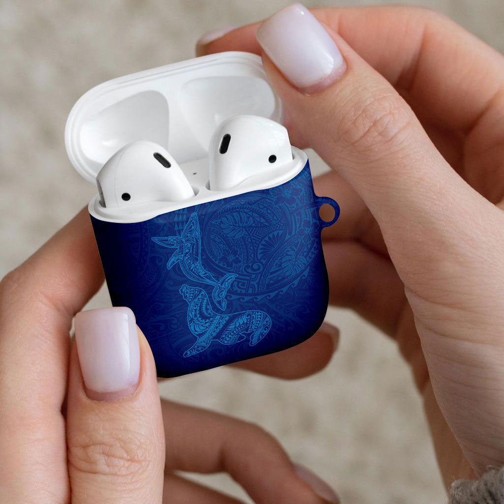 Hawaiian Monk Seal and Whale AirPods Case Kakau Tribal Pattern Blue Color
