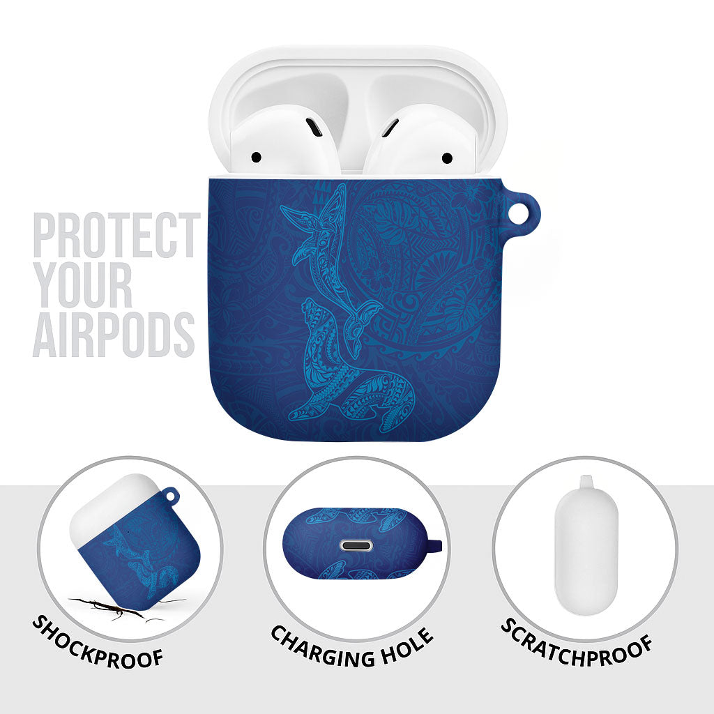 Hawaiian Monk Seal and Whale AirPods Case Kakau Tribal Pattern Blue Color